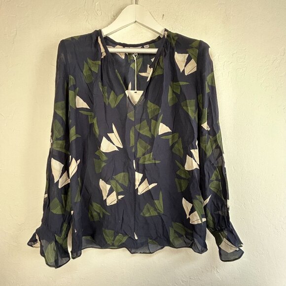 Jigsaw Womens Navy Abstract Stokes Long Sleeve Split Neck Blouse Top Size 10 New - Picture 1 of 9